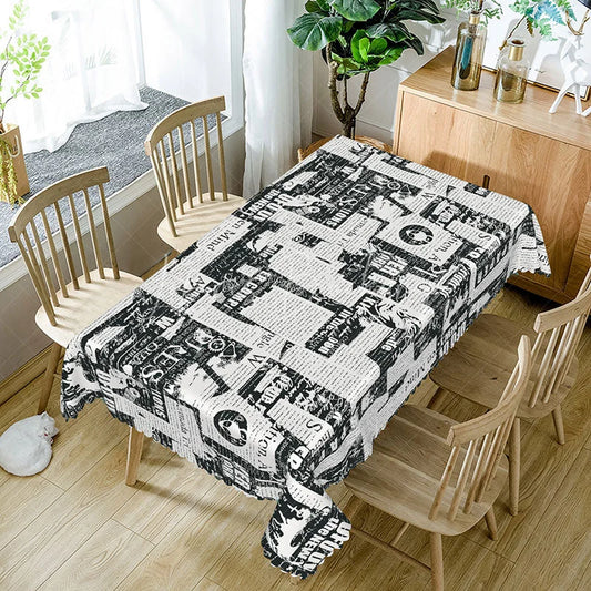 Lofaris Bold Headline Newspaper Rectangle Tablecloth Black and White Press Print Retro Media Kitchen Dining Decor
