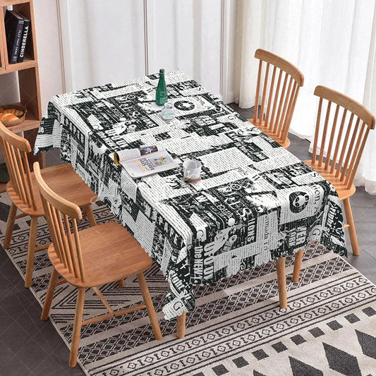 Lofaris Bold Headline Newspaper Rectangle Tablecloth Black and White Press Print Retro Media Kitchen Dining Decor