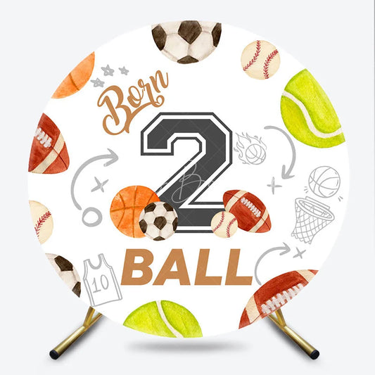 Lofaris Born 2 Ball Round Backdrop Watercolor Sports Baseball Basketball and Soccer Background Boys 2nd Birthday Party Decor