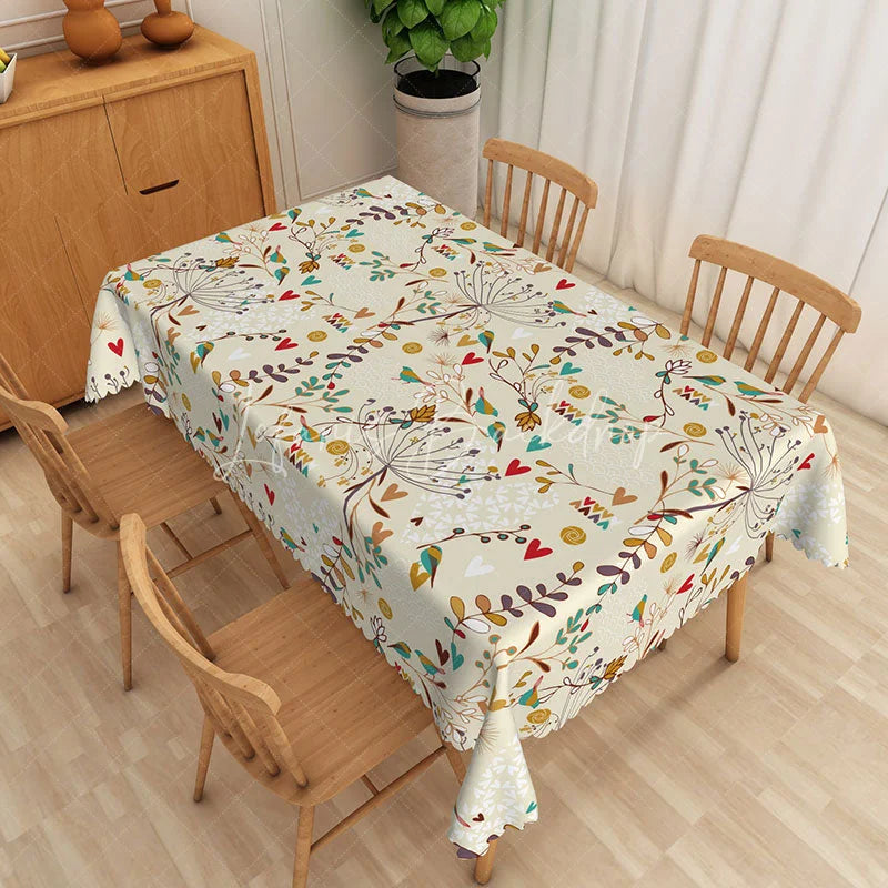 Lofaris Botanical Floral Rectangle Tablecloth Heart Flowers and Birds Dining Table Cover Decor