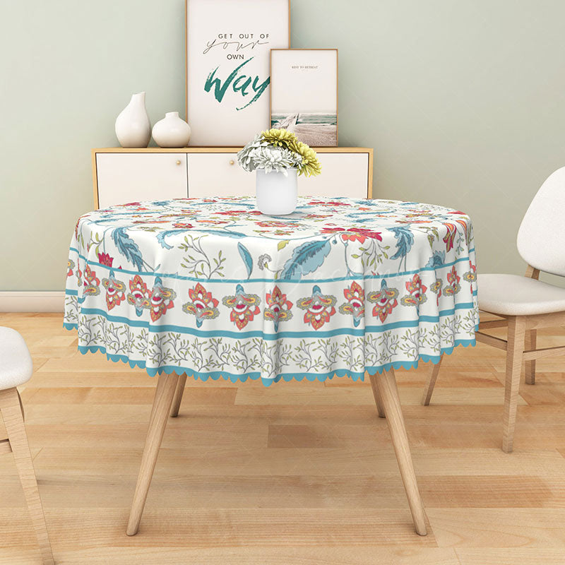 Lofaris Botanical Round Tablecloth with Red Flowers and Blue Leaves for Patriotic Floral Summer Decor