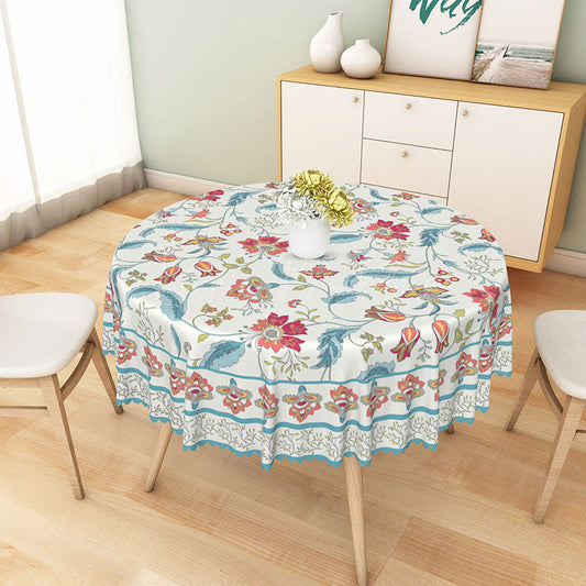 Lofaris Botanical Round Tablecloth with Red Flowers and Blue Leaves for Patriotic Floral Summer Decor