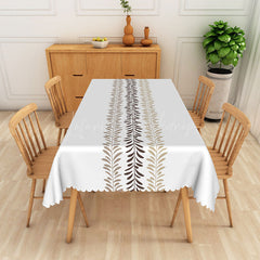 Lofaris Botanical Stripe Rectangle Tablecloth with White Brown and Green Leaves for Modern Farmhouse Decor