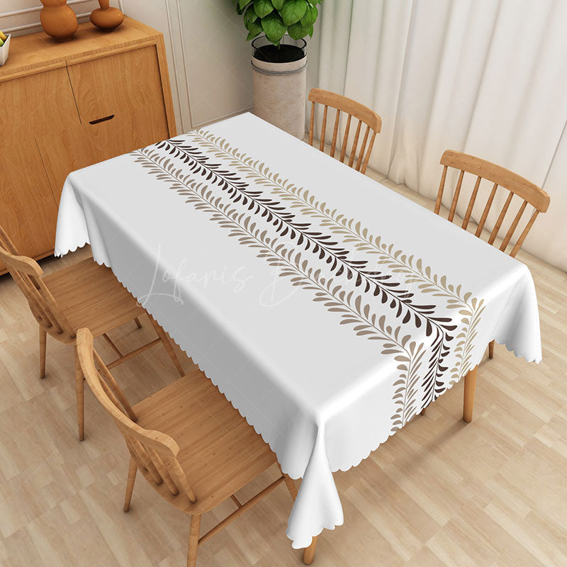Lofaris Botanical Stripe Rectangle Tablecloth with White Brown and Green Leaves for Modern Farmhouse Decor