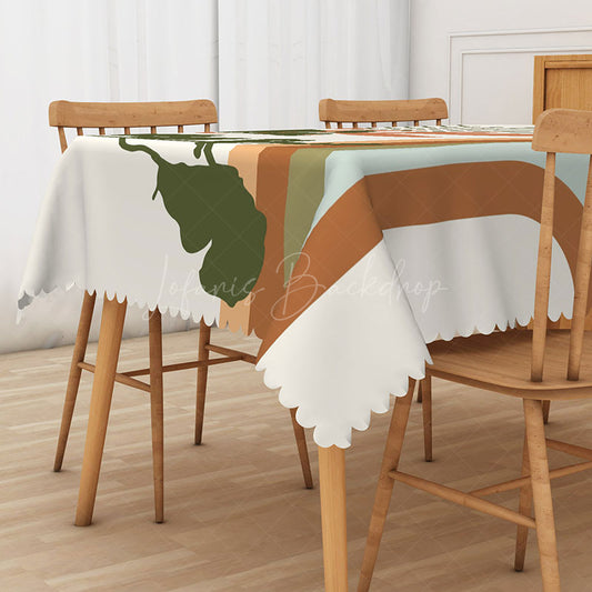 Lofaris Botanical Stripe Tablecloth with Brown and Green Leaves on White for Modern Farmhouse Kitchen Decor
