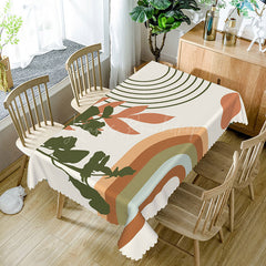 Lofaris Botanical Stripe Tablecloth with Brown and Green Leaves on White for Modern Farmhouse Kitchen Decor
