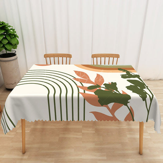 Lofaris Botanical Stripe Tablecloth with Brown and Green Leaves on White for Modern Farmhouse Kitchen Decor