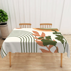 Lofaris Botanical Stripe Tablecloth with Brown and Green Leaves on White for Modern Farmhouse Kitchen Decor