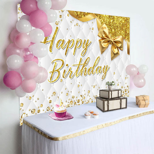 Lofaris Bow Glitter Gold White Vibe Happy Birthday Backdrop