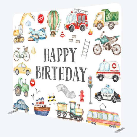 Lofaris Boy Truck Theme Happy Birthday Square Tension Backdrop
