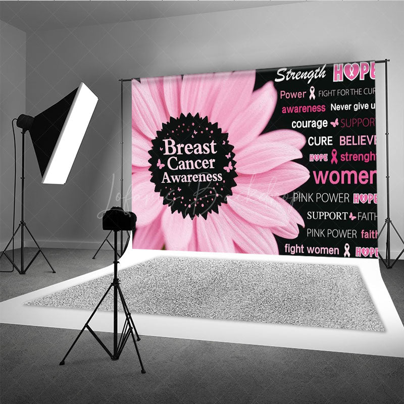 Lofaris Breast Cancer Awareness Backdrop with Pink Flower Strength Hope and Power Women’s Health Event Decor