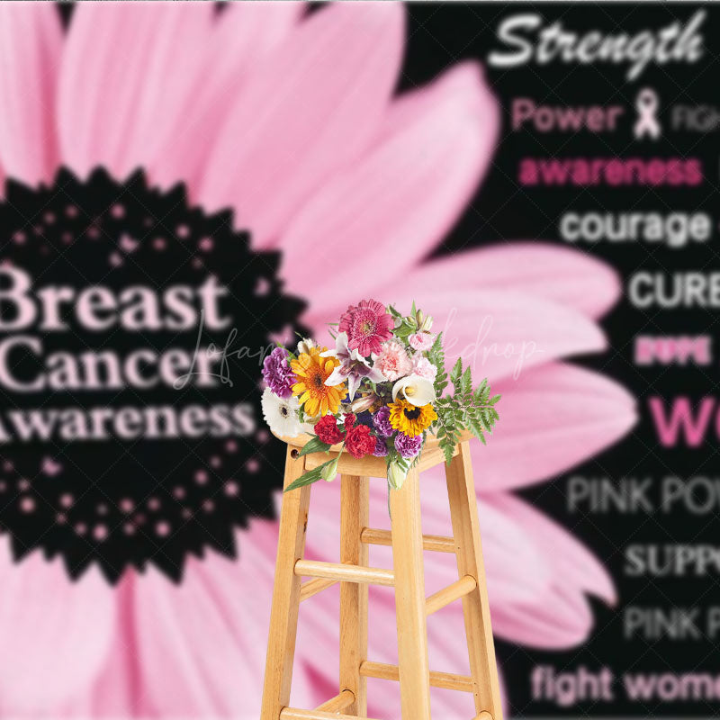 Lofaris Breast Cancer Awareness Backdrop with Pink Flower Strength Hope and Power Women’s Health Event Decor