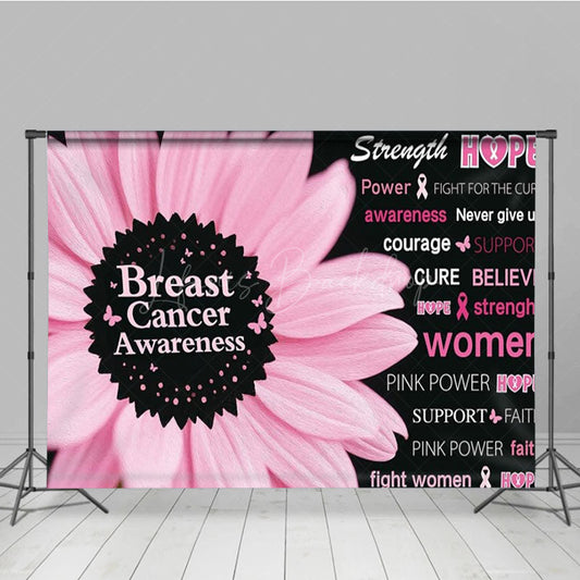 Lofaris Breast Cancer Awareness Backdrop with Pink Flower Strength Hope and Power Women’s Health Event Decor