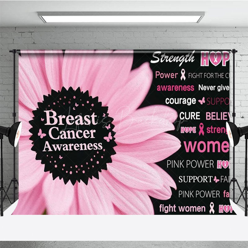 Lofaris Breast Cancer Awareness Backdrop with Pink Flower Strength Hope and Power Women’s Health Event Decor