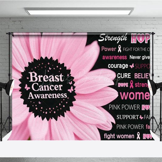 Lofaris Breast Cancer Awareness Backdrop with Pink Flower Strength Hope and Power Women’s Health Event Decor