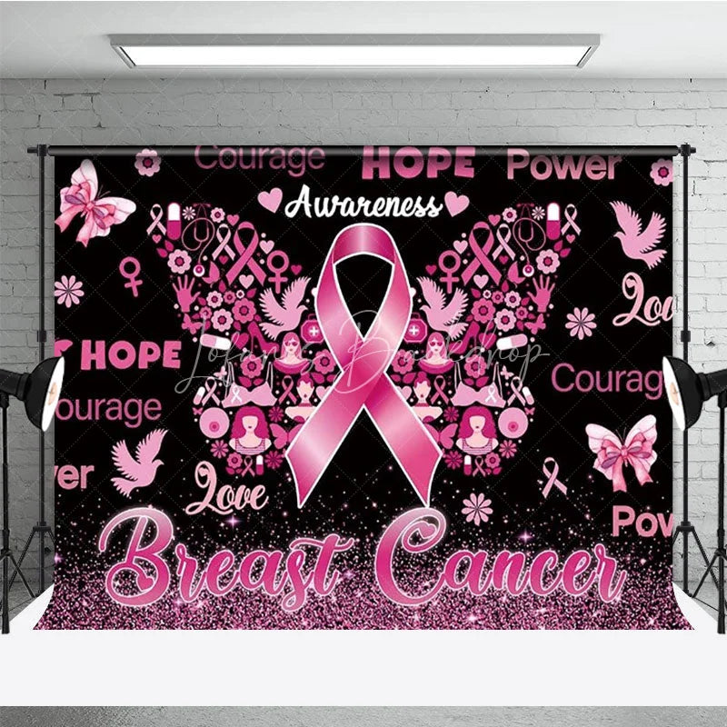 Lofaris Breast Cancer Awareness Backdrop with Pink Ribbon Butterfly Hope Faith Courage Support for Fundraiser Event