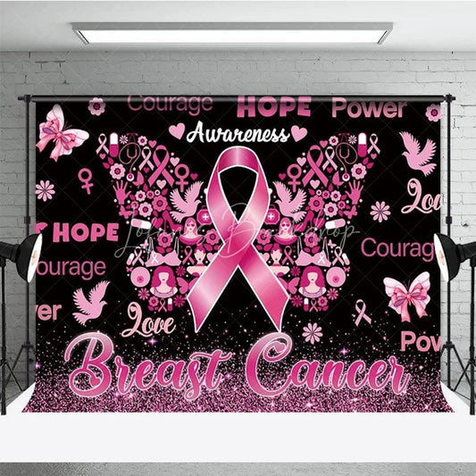Lofaris Breast Cancer Awareness Backdrop with Pink Ribbon Butterfly Hope Faith Courage Support for Fundraiser Event