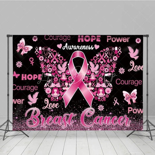 Lofaris Breast Cancer Awareness Backdrop with Pink Ribbon Butterfly Hope Faith Courage Support for Fundraiser Event