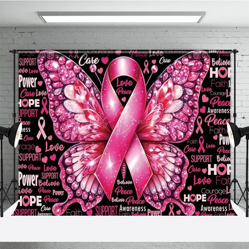 Lofaris Breast Cancer Awareness Pink Ribbon Backdrop Butterfly with Hope and Faith Support Survivor Event Decor