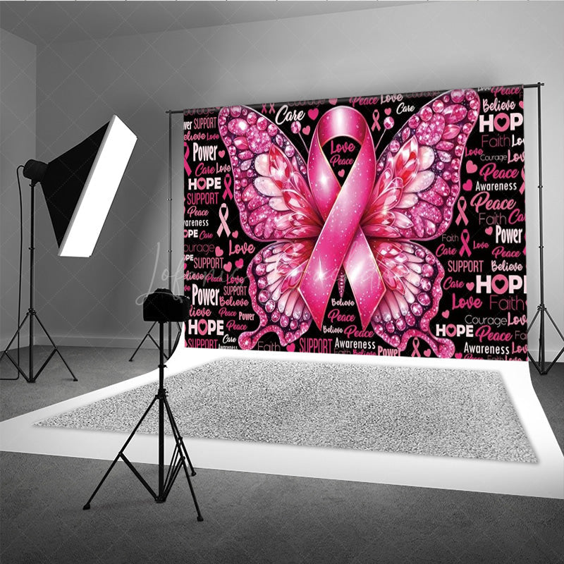 Lofaris Breast Cancer Awareness Pink Ribbon Backdrop Butterfly with Hope and Faith Support Survivor Event Decor