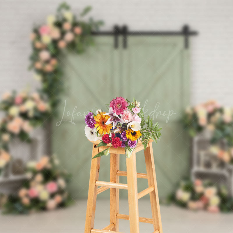 Lofaris Brick Wall Green Barn Door Floral Wedding Backdrop