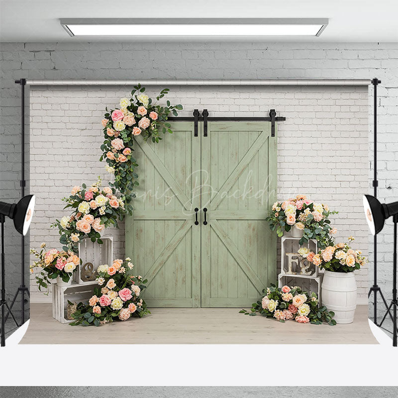 Lofaris Brick Wall Green Barn Door Floral Wedding Backdrop