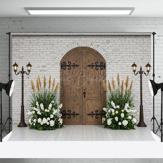 Lofaris Bricks Wall Floral Plant Wooden Door Photo Backdrop