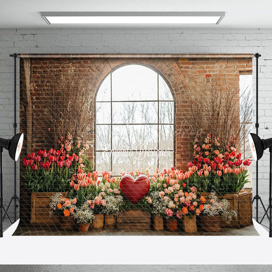 Lofaris Bricks Window Floral Red Love Valentines Day Backdrop