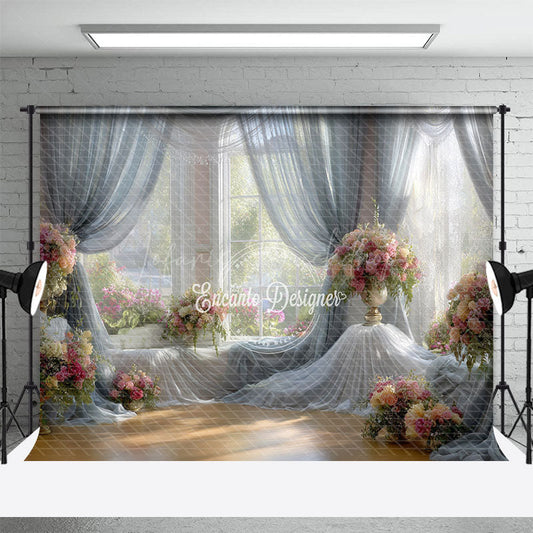 Lofaris Bright and Airy Ballroom Photography Backdrop Sheer Drapes with Pink Floral Romantic Wedding Background
