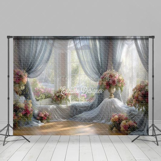 Lofaris Bright and Airy Ballroom Photography Backdrop Sheer Drapes with Pink Floral Romantic Wedding Background