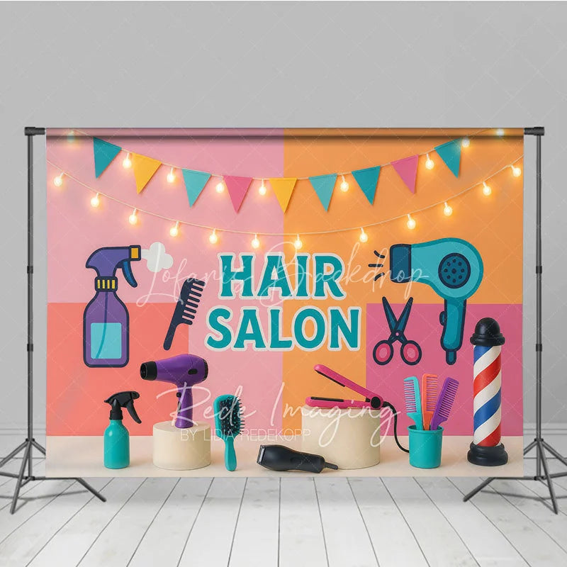 Lofaris Bright Cartoon Hair Salon and Stylist Photo Backdrop Colorful Birthday Cake Smash Background