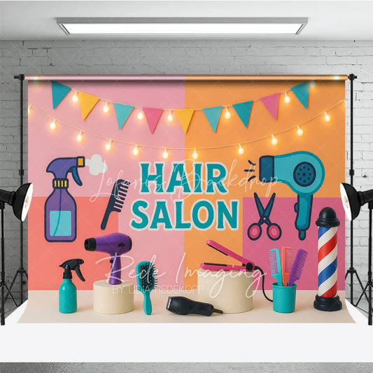Lofaris Bright Cartoon Hair Salon and Stylist Photo Backdrop Colorful Birthday Cake Smash Background