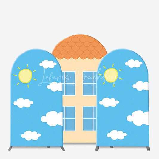 Lofaris Bright Cartoon House and Blue Sky with Clouds Arch Backdrop Kit Playful Sun Windows Design for Kids’ Party