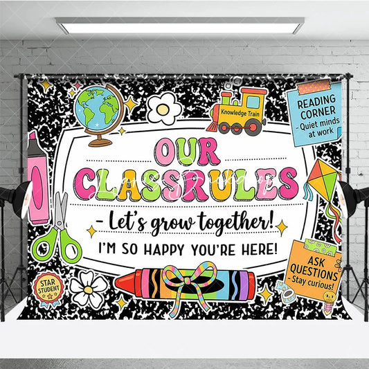 Lofaris Bright Learning Elements and Our Classrules Holiday Backdrop Back to School Classroom Welcome Party Decor