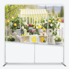 Lofaris Bright Yellow and White Striped Lemonade Stand Square Double-Sided Backdrop Fresh Summer Market Decor