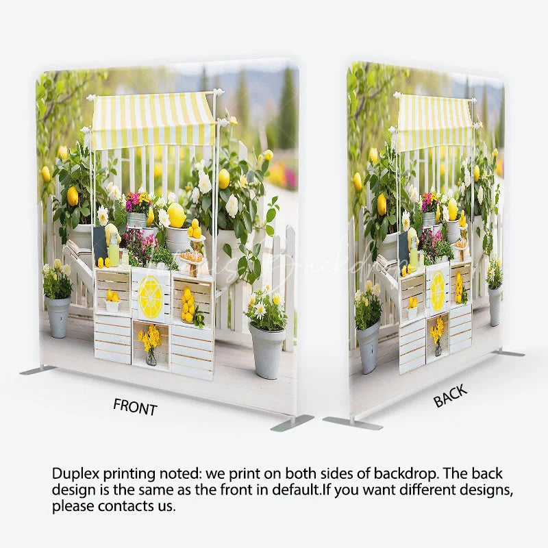 Lofaris Bright Yellow and White Striped Lemonade Stand Square Double-Sided Backdrop Fresh Summer Market Decor