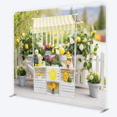 Lofaris Bright Yellow and White Striped Lemonade Stand Square Double-Sided Backdrop Fresh Summer Market Decor