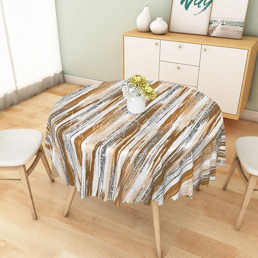 Lofaris Brown Abstract Brushstroke Stripe Round Tablecloth for Modern Earth Tone and Rustic Dining Table Decor