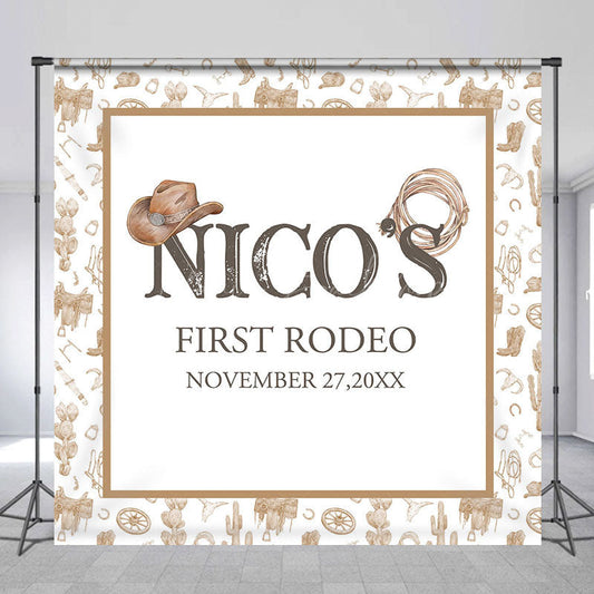 Lofaris Brown Cowboy First Rodeo Custom Name Birthday Backdrop