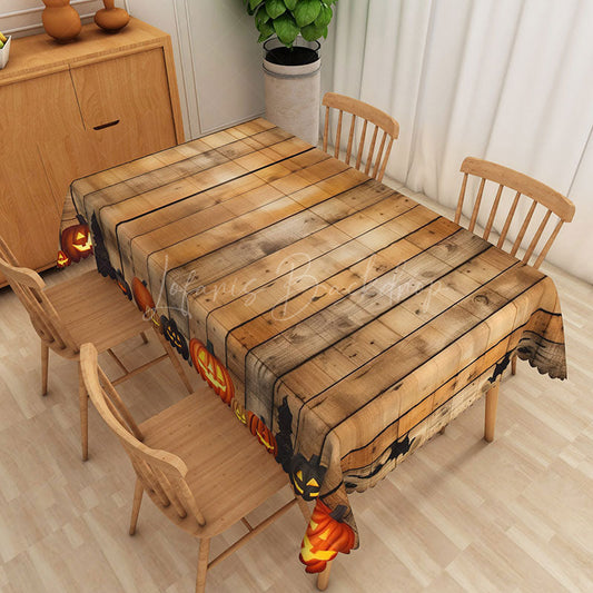 Lofaris Brown Halloween Rectangle Tablecloth with Jack O’ Lantern Pattern for Rustic and Spooky Farmhouse Decor