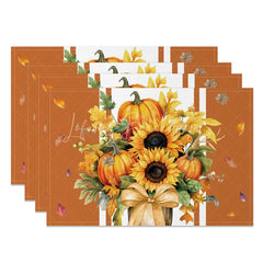 Lofaris Brown Pumpkin and Sunflower with Bow Set of 4 Placemats for Rustic Autumn Thanksgiving Decor