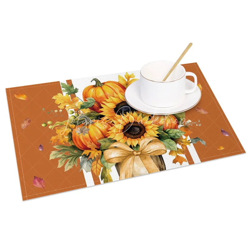 Lofaris Brown Pumpkin and Sunflower with Bow Set of 4 Placemats for Rustic Autumn Thanksgiving Decor
