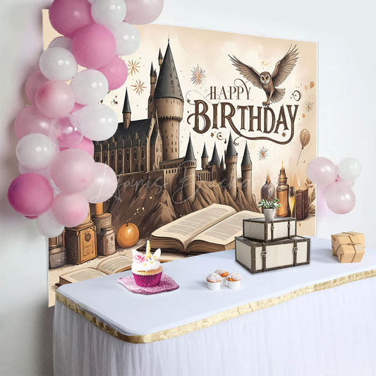 Lofaris Brown Wizard Castle Magic Book Happy Birthday Backdrop
