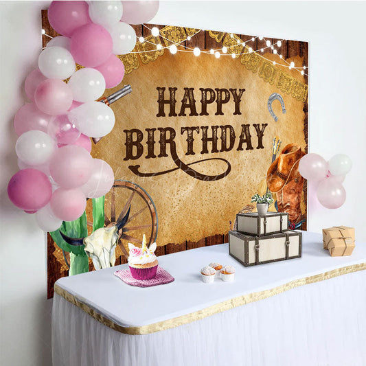 Lofaris Brown Wooden Western Cowboy Happy Birthday Backdrop