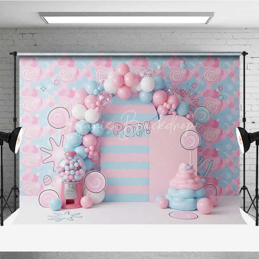 Lofaris Bubblegum and Candy Photography Backdrop Pink Blue Lollipops Party Banner