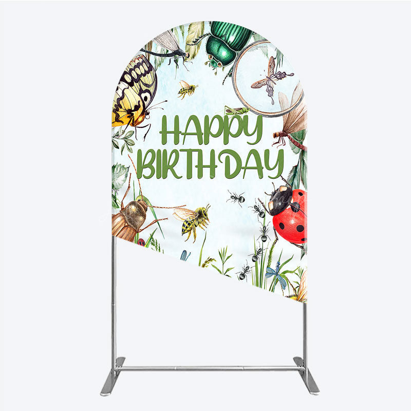 Lofaris Bug Themed Happy Birthday Arch Backdrop Insect Explorer with Magnifying Glass Kids Garden Party Decor