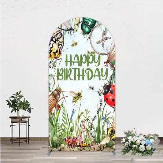 Lofaris Bug Themed Happy Birthday Arch Backdrop Insect Explorer with Magnifying Glass Kids Garden Party Decor