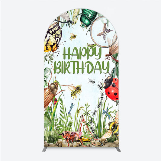 Lofaris Bug Themed Happy Birthday Arch Backdrop Insect Explorer with Magnifying Glass Kids Garden Party Decor