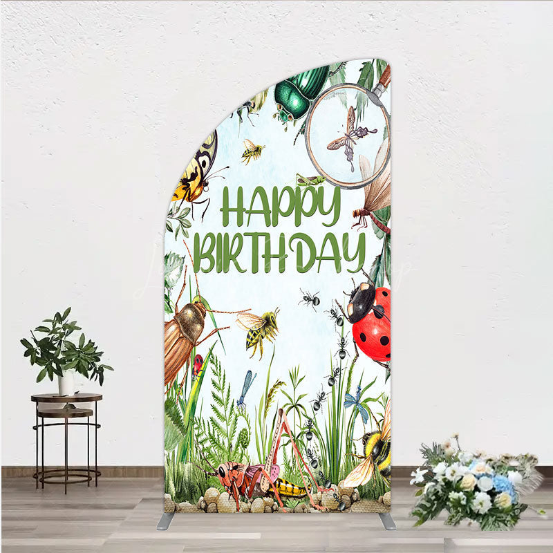 Lofaris Bug Themed Happy Birthday Half Moon Arch Backdrop Insect Explorer with Magnifying Glass Kids Garden Party Decor