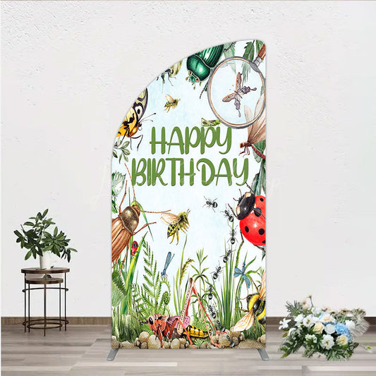 Lofaris Bug Themed Happy Birthday Half Moon Arch Backdrop Insect Explorer with Magnifying Glass Kids Garden Party Decor